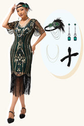 Dunkelgrünes Paillettenkleid mit Fransen aus den 1920er Jahren mit 4-teiligem Accessoire-Set